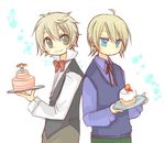  2boys 2guys ahoge blond_hair blonde_hair blue_eyes cake carl_(harvest_moon) food gill_(harvest_moon) grey_eyes harvest_moon harvest_moon:_animal_parade harvest_moon:_magical_melody harvest_moon:_tree_of_tranquility lowres multiple_boys sweater_vest 