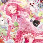  braid closed_eyes dress frilled_dress frills hat heart long_hair lying original pink_dress pink_hair pink_hat polka_dot solo stuffed_toy takatora twin_braids veins 