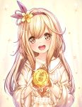  1girl :d blonde_hair blush brown_eyes catbell collarbone eyebrows_visible_through_hair hairband head_tilt highres long_hair looking_at_viewer medal open_mouth original smile solo sparkle upper_body 