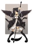  bad_id bad_pixiv_id black_legwear black_wings blue_hair dark_angel gothic gothic_lolita hebino_(snake_nest) light_smile lolita_fashion red_eyes scythe short_hair solo thighhighs trickster weapon wings 