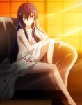  adjusting_hair bangs barefoot bed_sheet blue_eyes blue_hair blurry breasts censored convenient_arm convenient_censoring couch feet feet_on_chair hair_between_eyes hair_censor hair_over_breasts highres indoors kaon kyoushirou_to_towa_no_sora legs light_rays long_hair long_legs looking_at_viewer looking_back medium_breasts naked_sheet petals profile rose_petals screencap sidelocks sitting smile solo stitched sunbeam sunlight sunset third-party_edit window 