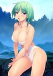  amei_sumeru breasts bursting_breasts casual_one-piece_swimsuit cleavage covered_nipples duplicate green_hair halterneck highres large_breasts navel one-piece_swimsuit original purple_eyes river rock short_hair solo swimsuit water wet 
