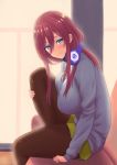  1girl bangs black_legwear blue_cardigan blue_eyes blush breasts brown_hair closed_mouth commentary_request couch go-toubun_no_hanayome green_skirt hair_between_eyes headphones headphones_around_neck large_breasts leg_up long_hair looking_at_viewer nakano_miku pantyhose pleated_skirt red_hair shirt sitting skirt smile solo tile_floor tiles toyatokage white_shirt 