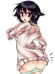  :o ass black_hair blush looking_back original panties panty_pull purple_eyes short_hair sleeves_rolled_up solo sweater tokita_monta underwear white_panties 