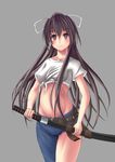  asymmetrical_clothes bad_id bad_pixiv_id belt black_hair breasts front-tie_top hair_ribbon highres kanzaki_kaori kino_(kino_buro) legs long_hair medium_breasts midriff navel ootachi ponytail purple_eyes ribbon shirt single_pantsleg solo sword tied_shirt to_aru_majutsu_no_index weapon 