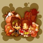  ^_^ artist_request bird brown_eyes brown_hair chick chicken cow dog eyes_closed harvest_moon harvest_moon:_magical_melody horse kurt_(harvest_moon) pig sheep tina_(harvest_moon) twintails 
