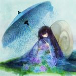  antennae bad_id bad_pixiv_id black_hair blush closed_eyes flower hydrangea japanese_clothes kimono long_hair mikuri_yoru oriental_umbrella original sitting snail snail_girl solo umbrella 