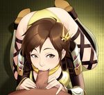  1girl ass bad_id bad_pixiv_id brown_eyes brown_hair fellatio hetero leotard maou_alba nene_(sengoku_musou) oral penis pov ribbon sengoku_musou sengoku_musou_3 solo_focus thigh_ribbon thighhighs yellow_leotard 