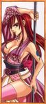  armpits breasts brown_eyes cleavage collarbone earrings erza_scarlet fairy_tail hair_over_one_eye japanese_clothes jewelry kimono large_breasts long_hair mashima_hiro no_bra official_art pole polearm red_hair scan sideboob solo tattoo thighhighs weapon 