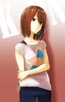  bracelet brown_eyes brown_hair casual earrings fukutarou_(enji127) hirasawa_yui holding_arm jewelry k-on! listen!! short_hair solo 