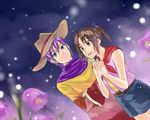  artist_request blue_eyes brown_eyes brown_hair cowboy_hat harvest_moon harvest_moon:_magical_melody hat jamie_(harvest_moon) lowres poncho purple_hair tina_(harvest_moon) twintails 