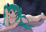  aqua_hair barefoot blue_eyes bra full_moon hatsune_miku lingerie long_hair lying moon night night_sky on_stomach open_bra open_mouth otoi_rekomaru panties sky solo strap_slip thong twintails underwear underwear_only vocaloid 