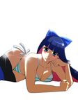  bikini blue_eyes blue_hair blush bow breasts cleavage looking_at_viewer lying multicolored_hair panty_&amp;_stocking_with_garterbelt pink_hair smile stocking_(character) stocking_(psg) swimsuit two-tone_hair 
