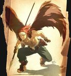  arm_wrap artist_name bandages barefoot belt_pouch blue_pants brown_gloves canopus_wolph closed_mouth feathers full_body gloves hair_slicked_back headband holding holding_spear holding_weapon jewelry leaning_forward looking_at_viewer muscle necklace painting_(object) pants paper polearm pouch red_eyes red_hair red_wings shadow shin_guards sideways_glance smile solo spear squatting tactics_ogre task_owner topless unbuckled_belt unfastened weapon wings 