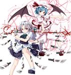  bad_id bad_pixiv_id bat_wings blue_hair braid danmaku hat izayoi_sakuya knife maid maid_headdress multiple_girls red_eyes remilia_scarlet short_hair silver_hair spear_the_gungnir touhou tsukumizu_yuu twin_braids wings 