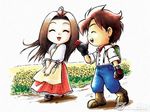  ahoge brown_hair celia_(harvest_moon) couple eyes_closed flower flowers harvest_moon harvest_moon:_a_wonderful_life jack_(harvest_moon) official_art spring 