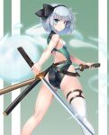  1girl ass bob_cut competition_swimsuit dual_wielding feet_out_of_frame green_eyes hassen_(8cm) hitodama holding katana konpaku_youmu konpaku_youmu_(ghost) looking_at_viewer looking_back multicolored_clothes multicolored_swimsuit one-piece_swimsuit scabbard sheath short_hair single_thighhigh solo standing swimsuit sword thighhighs touhou turtleneck unsheathing wakizashi weapon white_hair white_thighhighs 