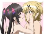  2girls akatsuki_kirika bare_arms bare_shoulders black_hair blonde_hair blush border bow brown_eyes closed_mouth collarbone eye_contact green_eyes hair_bow hair_ornament hand_on_another&#039;s_cheek hand_on_another&#039;s_face imminent_kiss long_hair looking_at_another miyabi_mt-b multiple_girls nude open_mouth outside_border pink_background red_bow senki_zesshou_symphogear shiny shiny_hair short_hair tsukuyomi_shirabe twintails twitter_username white_border x_hair_ornament yuri 