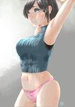  1girl armpits arms_behind_head arms_up bangs black_hair blush breasts closed_mouth crop_top din_(pixiv25800872) grey_background knit_sweater large_breasts navel original panties parted_bangs pink_panties ribbed_sweater short_hair signature sleeveless stained_clothes stomach summer sweat sweater sweaty_clothes thighs turtleneck underwear 