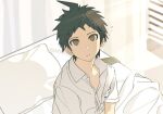  1boy blanket brown_eyes brown_hair collarbone collared_shirt danganronpa_(series) danganronpa_2:_goodbye_despair dizzy_(feeling) hinata_hajime indoors kochi_(wwwkyck) looking_at_viewer male_focus parted_lips pillow shirt short_hair short_sleeves solo teeth upper_body 