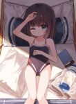 1girl arm_up bangs bare_arms bare_shoulders black_hair black_one-piece_swimsuit blue_eyes blush breasts closed_mouth collarbone feet_out_of_frame hair_between_eyes knees_together_feet_apart looking_at_viewer one-piece_swimsuit original pillow shiho_(yuuhagi_(amaretto-no-natsu)) small_breasts solo swimsuit yuuhagi_(amaretto-no-natsu) 