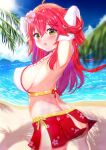  1girl adapted_costume armpits beach bikini_skirt blush breasts cotolet33 elbow_gloves flower gloves green_eyes hair_flower hair_ornament hairclip highres hololive large_breasts long_hair looking_at_viewer presenting_armpit red_hair sakura_miko sand sideboob solo sweat swimsuit virtual_youtuber water 