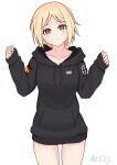  1girl absurdres black_hoodie blonde_hair breasts brown_eyes commission german_flag girls&#039;_frontline gotoo hands_up happy head_tilt highres hood hoodie long_sleeves looking_at_viewer mp40_(girls&#039;_frontline) non-web_source oversized_clothes short_hair signature simple_background skeb_commission smile solo thighs 