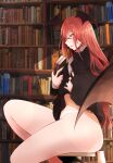  1girl arano_oki bat_wings bespectacled book book_stack bookshelf glasses head_wings holding holding_book indoors koakuma ladder library light_particles long_hair red_eyes red_hair solo touhou very_long_hair wings 