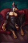  2018 abs animal_genitalia anthro athletic balls bed canid canine canis dobermann domestic_dog fully_sheathed furniture genitals grin hi_res inside looking_at_viewer male mammal navel nipples nude on_bed pecs penis pinscher satanic_monkey sheath smile solo spread_legs spreading tagme 
