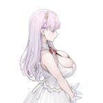  1girl azur_lane bangs blunt_bangs breasts choker cleavage clover_hair_ornament dress earrings facing_to_the_side flower from_side gloves hair_flower hair_ornament half_gloves jewelry large_breasts light_purple_hair long_hair necktie ohisashiburi own_hands_together plymouth_(azur_lane) purple_eyes purple_hair sleeveless sleeveless_dress white_background white_choker white_dress 