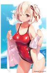  1girl ;) bangs bare_shoulders blonde_hair blue_sky blush breasts cleavage closed_mouth cloud collarbone commentary covered_navel day hair_between_eyes hair_ribbon hands_up hong_(white_spider) horizon looking_at_viewer lycoris_recoil medium_breasts nishikigi_chisato ocean one-piece_swimsuit one_eye_closed red_eyes red_one-piece_swimsuit red_ribbon ribbon signature sky smile solo swimsuit water 