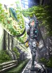  1girl aqua_hair armband bodysuit commentary_request cyborg fish gia grey_bodysuit hand_in_pocket headgear highres hood hood_up hooded_jacket indoors jacket medium_hair open_clothes open_jacket orange_eyes original plant solo thigh_pouch thigh_strap tree tube walking 