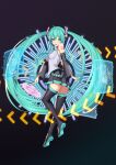  1girl :d absurdres ahoge aqua_eyes aqua_hair aqua_necktie bangs bare_shoulders black_background black_footwear black_skirt blush boots breasts from_behind full_body grey_shirt hatsune_miku headset highres holographic_interface long_hair long_sleeves looking_at_viewer looking_back medium_breasts migu_(iws2525) miniskirt necktie number_tattoo open_mouth pleated_skirt shirt shoulder_tattoo simple_background skirt smile solo tattoo thigh_boots twintails very_long_hair vocaloid zettai_ryouiki 