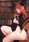  1girl ai-assisted arano_oki bangs bat_wings blunt_bangs book book_stack bookshelf head_wings holding holding_book indoors koakuma ladder library light_particles long_hair red_eyes red_hair solo touhou very_long_hair wings 