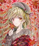  1girl autumn autumn_leaves bangs beret blonde_hair blush closed_mouth grey_headwear grey_sweater hand_up hat highres holding holding_leaf leaf long_hair long_sleeves looking_at_viewer maple_leaf mizuki_yuuma original painting_(medium) plaid puffy_long_sleeves puffy_sleeves red_eyes red_nails ribbed_sweater sleeves_past_wrists smile solo sweater traditional_media upper_body watercolor_(medium) 
