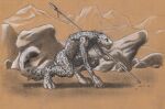  0laffson anthro digitigrade felid male mammal melee_weapon nude pantherine polearm prehistoric snow_leopard solo spear traditional_media_(artwork) weapon 