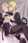  2girls after_kiss ahoge all_fours amano_soraha arm_around_neck assault_lily asymmetrical_docking bangs bed black_pantyhose black_ribbon black_thighhighs blonde_hair blue_eyes blush breast_press breasts breasts_out buttons cleavage clothed_sex commentary_request cropped_jacket curtains dutch_angle egawa_kusumi eye_contact face-to-face feet_out_of_frame fingering flower frilled_skirt frills gesoten_oec grey_eyes grey_hair hair_between_eyes hair_flower hair_ornament hair_over_shoulder hand_on_another&#039;s_neck hanging_breasts heart heart_in_eye heavy_breathing high-waist_skirt highres indoors jewelry juliet_sleeves knee_up leg_ribbon long_hair long_sleeves looking_at_another low_ponytail lying medium_breasts miniskirt multiple_girls neck_ribbon nipples no_bra nose_blush on_back on_bed open_clothes open_shirt pantyhose parted_lips ponytail puffy_sleeves pussy_juice pussy_juice_stain ribbon ring saliva saliva_trail school_uniform shirt sidelocks skirt stained_clothes stained_sheets sweat symbol_in_eye thighhighs very_long_hair white_ribbon white_shirt yuri yurigaoka_girls_academy_school_uniform zettai_ryouiki 