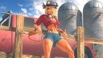  3d_(artwork) abs absurd_res anthro arm_tattoo blonde_hair bottomwear bovid bovine butt cattle chest_tattoo clothing day denim denim_clothing digital_media_(artwork) fan_character farm female fence hair hat headgear headwear hi_res horn jeans light light_truck ludexus mammal metty_(ludexus) muscular muscular_anthro muscular_female orange_body pants pickup_truck sheriff sheriff_hat shirt shorts silo solo source_filmmaker sunlight tank_top tattoo topwear truck_(vehicle) vehicle 