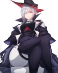  1girl absurdres arknights ascot bangs black_gloves black_headwear black_thighhighs commentary crossed_legs gladiia_(arknights) gloves grey_hair hair_over_one_eye hand_on_own_thigh hat high_collar highres looking_at_viewer one_eye_covered pointy_ears red_eyes rikuguma simple_background sitting solo thighhighs thighs white_ascot white_background 