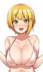  1girl areola_slip bikini blonde_hair blush breasts cleavage collarbone covered_nipples full-face_blush green_hair idolmaster idolmaster_cinderella_girls large_breasts looking_at_viewer miyamoto_frederica navel nervous_smile short_hair simple_background solo sweatdrop swimsuit tomajiyama upper_body white_background white_bikini 