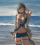  1girl ;) absurdres arknights bikini bird black_collar blue_shorts breasts cleavage cloud cloudy_sky collar cowboy_shot dated denim denim_shorts grey_hair hand_up highres large_breasts long_hair looking_at_viewer low-tied_long_hair low_ponytail navel ocean official_alternate_costume one_eye_closed orca_hair_ornament outdoors red_eyes seagull short_shorts shorts skadi_(arknights) skadi_(waverider)_(arknights) sky smile solo stomach sunset swimsuit thigh_strap very_long_hair waves white_bikini yuanxi 