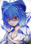  1girl alternate_breast_size blue_eyes blue_hair bow breasts cirno cleavage commentary_request covering covering_breasts disgust hair_bow highres ice ice_wings kana_(user_rkuc4823) large_breasts raised_eyebrows shaded_face solo touhou upper_body wings 