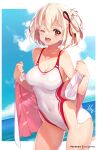  1girl ;d artist_name blonde_hair blue_sky breasts cloud commentary_request covered_navel day hair_ribbon hong_(white_spider) jacket large_breasts lycoris_recoil nishikigi_chisato ocean one-piece_swimsuit one_eye_closed outdoors patreon_username red_eyes red_ribbon ribbon sky smile solo swimsuit teeth thighs upper_teeth white_jacket white_one-piece_swimsuit 