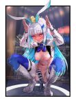  1girl afterimage ahegao animal animal_ears animal_on_head armband ass ass_visible_through_thighs bangs bar_censor bird bird_on_head blue_bow blue_bowtie blue_hair blunt_bangs blurry blurry_background blush boots bow bowtie breasts bunny_pose censored clenched_teeth colored_inner_hair cross-laced_footwear daishippai depth_of_field dildo duck embarrassed facing_viewer fake_animal_ears female_masturbation full_body hair_ornament highres humiliation knee_boots lize_helesta long_hair long_sleeves lotion masturbation medium_breasts meme_attire motion_blur multicolored_hair navel nijisanji nipples on_head open_mouth paid_reward_available pasties purple_eyes pussy_juice rabbit_ears reverse_bunnysuit reverse_outfit safety_pin sagging_breasts saliva sex_toy sidelocks solo spread_legs squatting steaming_body stomach sweat teeth thighhighs trembling two-tone_hair very_long_hair vibrator vibrator_on_nipple virtual_youtuber white_footwear white_hair 