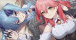  2girls bangs blue_eyes blue_hair breasts closed_mouth eredhen flat_chest gloves green_eyes hair_between_eyes hand_grab highres hololive hoshimachi_suisei long_hair looking_at_viewer lying lying_on_person medium_breasts multiple_girls on_back parted_lips red_hair sakura_miko smile 