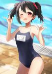  1girl ;d \m/ armpits bangs bare_arms bare_shoulders black_hair blue_one-piece_swimsuit blurry blurry_background blush breasts covered_navel cowboy_shot double_\m/ hair_ornament hair_scrunchie hands_up highres lane_line looking_at_viewer love_live! love_live!_school_idol_project nico_nico_nii one_eye_closed pool red_eyes school_swimsuit scrunchie short_hair short_twintails sidelocks small_breasts smile solo standing swimsuit thighs tile_floor tiles twintails wet yazawa_nico yoshinon_(yoshinon_kotori) 