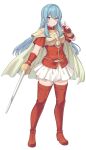  1girl arm_at_side armor blue_eyes blue_hair blush boots breastplate cape closed_mouth eirika_(fire_emblem) faulds fingerless_gloves fire_emblem fire_emblem:_the_sacred_stones full_body gloves grey_cape hair_between_eyes highres holding holding_weapon long_hair looking_at_viewer miniskirt pauldrons red_footwear red_gloves shiseki_hirame shoulder_armor skirt smile solo standing sword thigh_boots thighhighs very_long_hair weapon white_background white_skirt zettai_ryouiki 