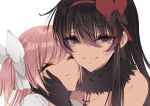  2girls absurdres akemi_homura akuma_homura bangs black_gloves black_hair bow breasts cleavage closed_eyes closed_mouth collarbone detached_collar gloves grey_eyes hair_between_eyes hair_bow hairband highres kaname_madoka long_hair looking_at_viewer mahou_shoujo_madoka_magica misteor multiple_girls parted_lips pink_hair red_bow red_hairband shiny shiny_hair simple_background small_breasts smile ultimate_madoka upper_body white_background white_bow 