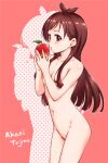  1girl antenna_hair apple ass blush breasts brown_hair bug character_name cleavage collarbone completely_nude covered_nipples female_pubic_hair food fruit groin hair_ornament hairpin hamao highres holding holding_food holding_fruit idolmaster idolmaster_cinderella_girls looking_at_viewer navel nude pubic_hair red_eyes silhouette simple_background small_breasts solo tsujino_akari 