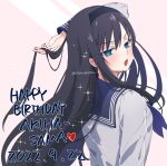  1girl black_hair black_hairband blue_eyes blue_sailor_collar citron80citron dated english_text hairband hand_in_own_hair happy_birthday long_hair long_sleeves looking_at_viewer open_mouth sailor_collar school_uniform serafuku simple_background solo tohno_akiha tsukihime upper_body white_background white_serafuku 